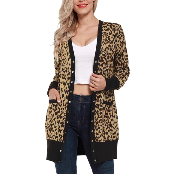 Long Sleeve Open Front Leopard Print Cardigan - Picture 2 of 5